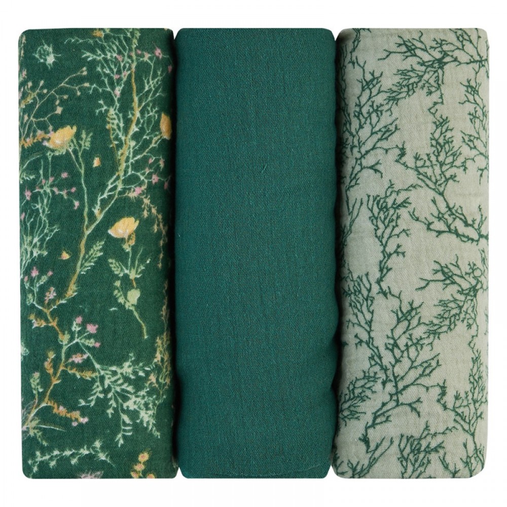 Πάνες Αγκαλιάς Mουσελίνας Kikka boo 75x75cm Secret Garden Green (3τεμ.)